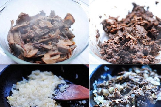 1. Этап. Борщ с ушками: 5. Готовый борщ снимите с огня и оставьте под крышкой. Теперь можно заняться начинкой для ушек. Грибочки из бульона необходимо измельчить в пюре и обжарить с луком на сковороде.