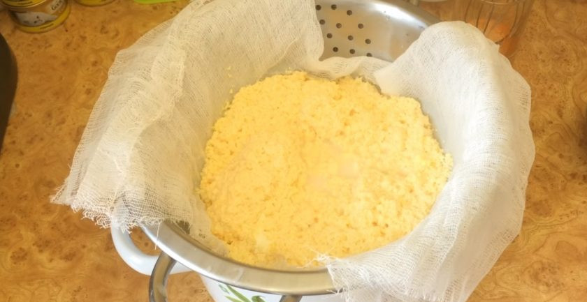 1. Этап. Домашний сыр с грецким орехом: Отделившийся творожный сгусток переложите в дуршлаг, застеленный марлей в 4 слоя, чтобы стекла вся жидкость. Грецкие орехи порубите и добавьте к творожной массе. Добавьте специи, хорошо перемешайте и поставьте под пресс на 10 часов.