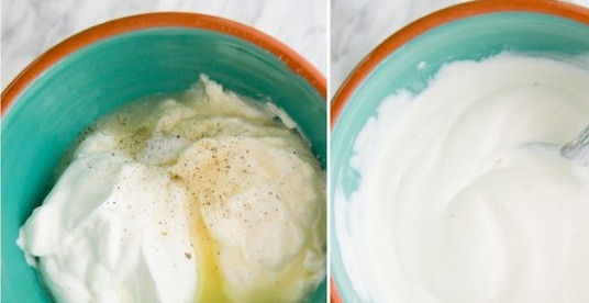 1. Этап. Салат с брокколи и яблоками: 4. Для приготовления заправки соедините майонез со сметаной. Добавьте сок лимона, по щепотке сахара, соли и перца. Все как следует перемешайте.