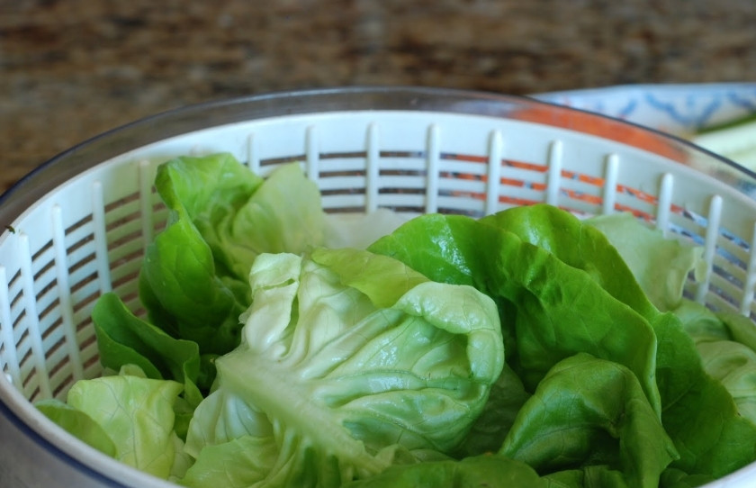 1. Этап. Закуска из курицы и свежих овощей: Займемся овощами. Листья салата промоем и откинем на дуршлаг, чтобы стекла лишняя вода.