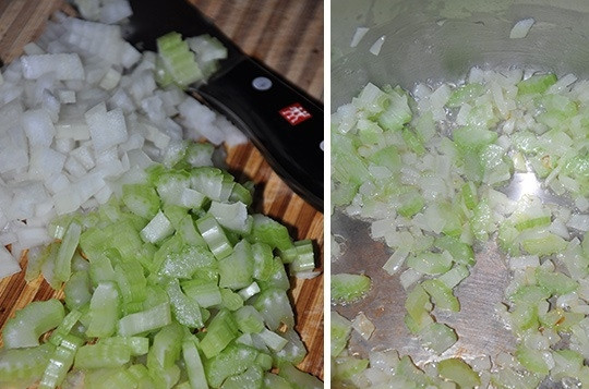 1. Этап. Суп из гороха: 1. Измельчите лук и сельдерей. Выложите на сковороду с небольшим количеством масла и обжарьте пару минут.