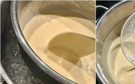 1. Этап. Медовик из детства: Включил нагрев. Как только вода закипит, надо отрегулировать так, чтобы не было сильного, бурного кипения. Массу надо постоянно перемешивать. Как только масло «усвоилось» и содержимое кастрюли стало однородным добавил соду. Ложку из рук не выпускал до полного завершения процесса. Постоянно и деликатно массу перемешивал.