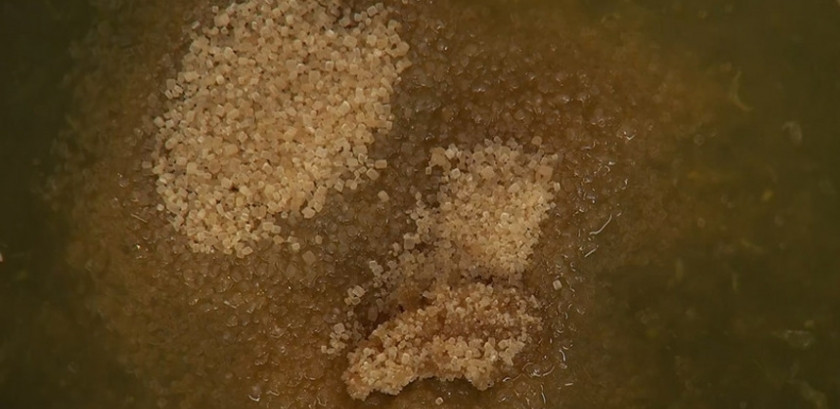 1. Этап. Кальмары с апельсинами: Выжмите сок апельсина. Смешайте его с сахаром и вылейте на сковородку.