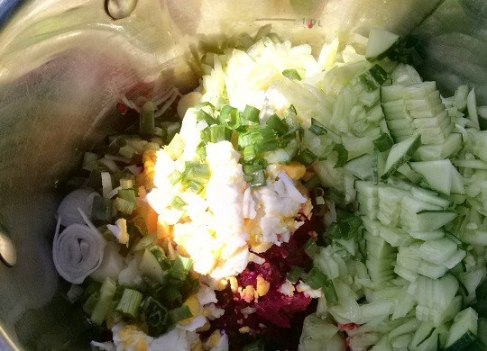 1. Этап. Литовский холодный борщ: Нарежьте мелко огурцы и зеленый лук.