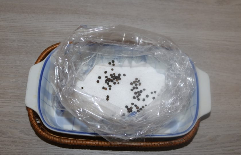 1. Этап. Говядина, маринованная в водке: Возьмите пакет для замораживания продуктов, вставьте его в ёмкость, в которой будете мариновать мясо. В пакет положите сахар, соль и перец горошком.