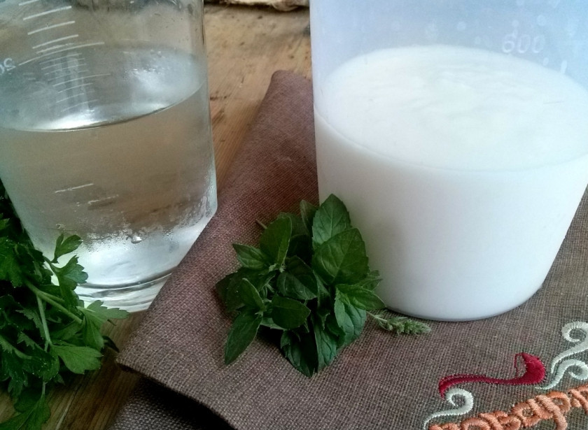 1. Этап. Айран из кефира с зеленью: Соотношение кефира и воды должно быть - 2:1. Зелень берите по своему вкусу. Мне больше всего нравится с мятой.