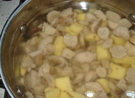 1. Этап. Суп из белых грибов свежих: Грибы варите минут 40, затем добавьте нарезанную картошку. Грибы с картошкой поварите минут 10.