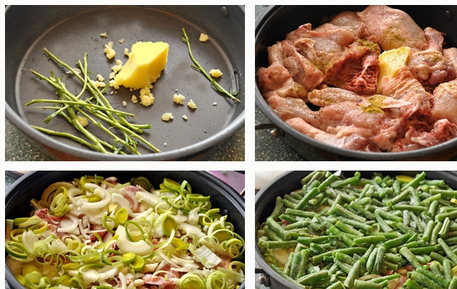 1. Этап. Бозартма из курицы: 3. Разогрейте в большой глубокой сковороде или казанке сливочное масло, к нему для аромата можно добавить стебельки от зелени. Выложите кусочки курицы. Посолите, поперчите, добавьте хмели-сунели по вкусу. Далее — слой лука и фасоли.