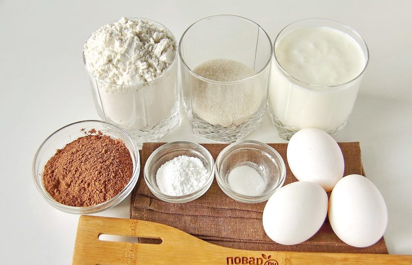 1. Этап. Шоколадный кекс на кефире: Подготовьте все ингредиенты.