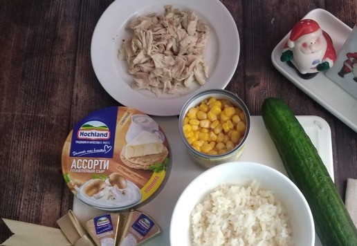 1. Этап. Салат Новогодний Дракончик: Чтобы быстро собрать салат, нужно отварить заранее курицу, рис и сварить яйца вкрутую. Готовим все продукты для салата. Так как Дракончик у нас должен быть в этом году зелёный, то огурец у нас будет самым верхним слоем. Сыр в треугольниках у нас будет здесь прямо в тему. Он нам поможет сформировать спинку дракончика. Берите любой вкус сыра в круге ТМ HOCHLAND. Благо то, что в одной коробке есть разнообразие вкусов.