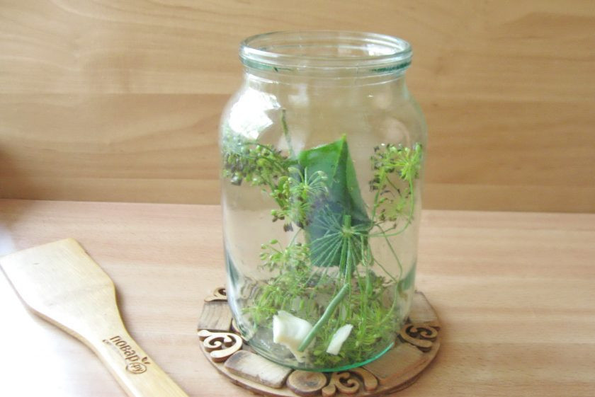 1. Этап. Патиссоны на литровую банку на зиму: Добавьте в банку зубчики чеснока.