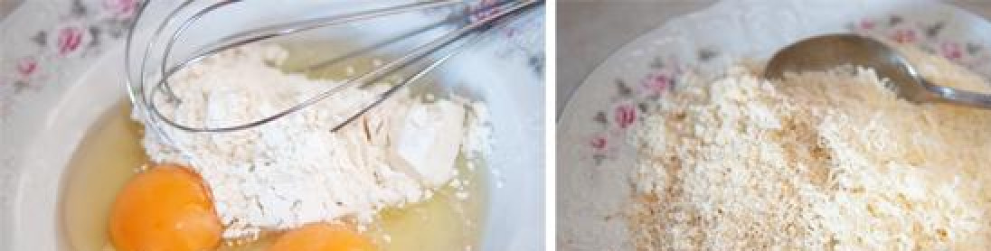 1. Этап. Креветки с пармезаном: Берем две мисочки - в одной взбиваем яйца с мукой, в другой смешиваем тертый пармезан с хлебными крошками.