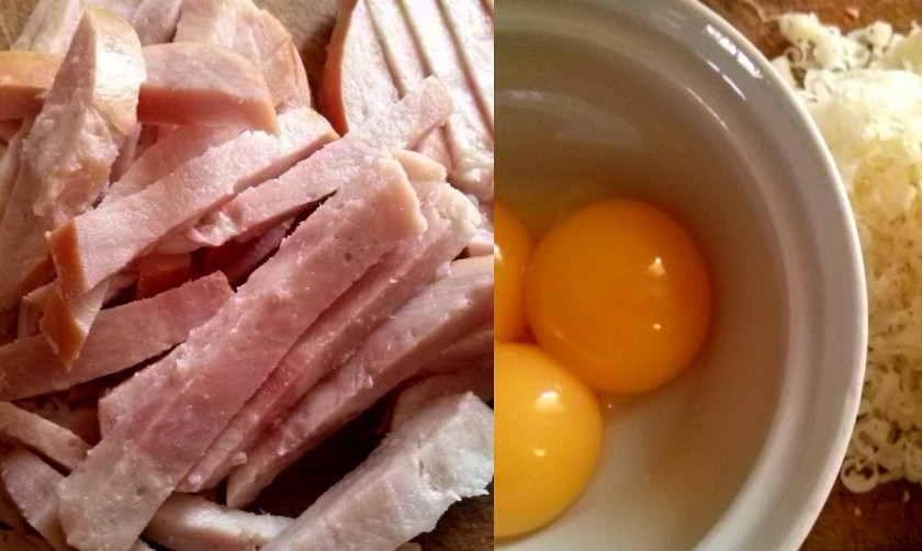 1. Этап. Паста с ветчиной: Сварите макароны до состояния 