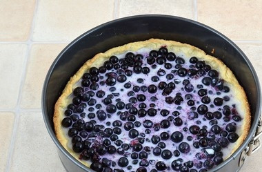 1. Этап. Пирог из песочного теста с замороженными ягодами: Затем на тесто выложите смородину и заливку.