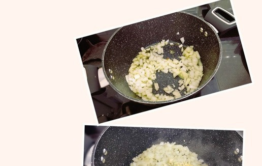 1. Этап. Овощной суп: В кастрюле разогреть растительное масло на среднем огне, добавить репчатый лук и пассеровать 3 минуты, добавить чеснок и пассеровать еще 1 минуту на среднем огне.