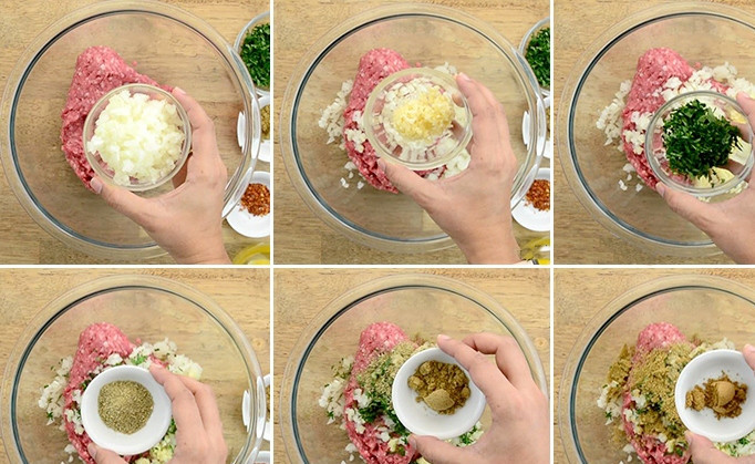 1. Этап. Греческие фрикадельки из баранины: 1. В емкости смешайте фарш, кориандр, фенхель, тмин и красный перец.