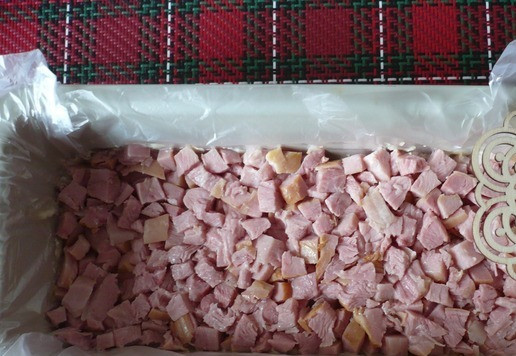 1. Этап. Салат рождественский Золотое полено: Затем возьмите прямоугольную форму для запекания, застелите её пищевой пленкой, дно формы смажьте майонезом. На дно формы выложите нарезанную голень индейки, разровняйте.