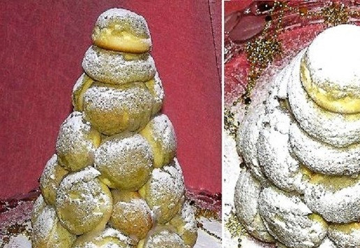 1. Этап. Праздничный Крокембуш: Через несколько минут, когда карамель застынет, аккуратно переверните конус на блюдо для торта и снимите его. В классическом варианте крокембуш украшают нитями из карамели, но я сделала 