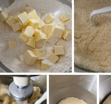 1. Этап. Пирог с капустой на дрожжевом тесте: Тесто я замешивала в планетарном миксере. В деже смешать муку, соль, сахар, дрожжи. Добавить кубиками сливочное масло и перетереть смесь в крошку насадкой «лопатка». Влить теплое молоко и замесить тесто. Оно будет мягкое и липкое — таким должно быть, не стоит добавлять лишнюю муку. Оставить тесто подниматься в тепле на 40 минут.