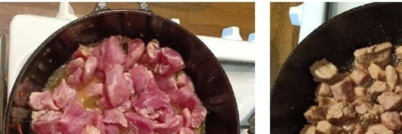 1. Этап. Подлива мясная: В глубокую сковороду налить подсолнечного масла, разогреть его до появления пузырьков, затем в раскаленное масло положить кусочки мяса, обжарить его на сильном огне до появления легкой золотистой корочки.