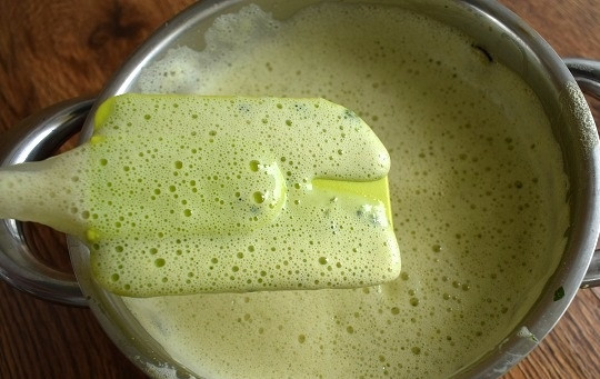 1. Этап. Базиликовое мороженое: Если у вас нет термометра, проверьте массу на готовность следующим образом. Проведите пальцем по лопатке с кремом, след не должен пропадать.