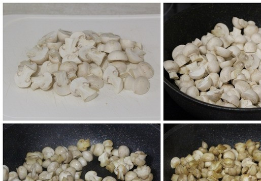 1. Этап. Полента с грибами и сыром: Шампиньоны очистить и нарезать. У меня мелкие грибы, поэтому я разрезала их на половинки, а совсем маленькие оставила целиком. Выложить грибы в сковороду, обжарить до готовности на оставшемся сливочном масле, приправив по вкусу солью и сухим чесноком.