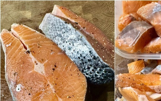 1. Этап. Суп рыбный. Дуэт осётра с сёмгой: А вот пара стейков лососёвых залежались с незапамятных времен в морозилке. Шкура и кости с них тоже в бульон отправились. Остальное в суп, как «просто рыба» пойдёт.