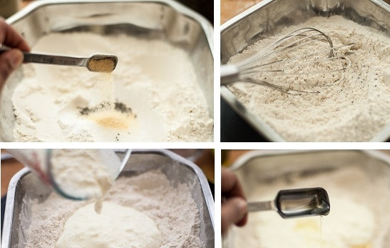 1. Этап. Пресное тесто для пиццы без дрожжей: 2. Всыпьте молотый чеснок, перемешайте. Добавьте йогурт и оливковое масло.