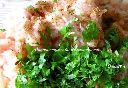 1. Этап. Балканские пирожки от Сержа Марковича: Индейку мелко нарежьте (я измельчила с помощью мясорубки и насадки с самыми крупными отверстиями), посолите, поперчите, добавьте мелко нарезанные травы, перемешайте.