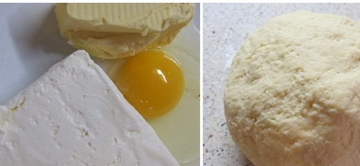 1. Этап. Пирожки с творогом и яблоками: Разминаем творог и размягченное масло вилкой, добавляем яйцо, разрыхлитель и соль, перемешиваем. Постепенно всыпаем в эту смесь муку и замешиваем тесто, оно получится очень мягким и нежным. Формируем из теста шар, накрываем его полотенцем и ставим пока в холодильник.