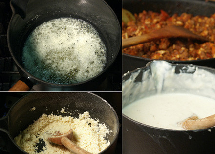 1. Этап. Лазанья с мясом и овощами: Растопите масло, всыпьте муку, размешайте и на огне постепенно влейте молоко, соус доведите до загустения.