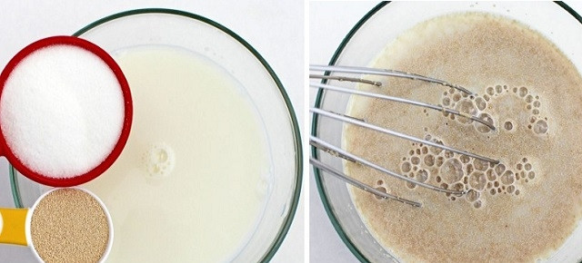 1. Этап. Булочки с творогом и изюмом: 1. Для приготовления опары соедините грамм 50 сахара, дрожжи и теплое молоко.