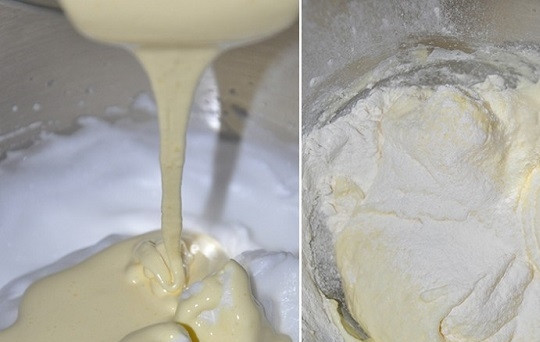 1. Этап. Печенье для Тирамису: 3. Соедините белки с желтками, аккуратно перемешайте и добавьте просеянную муку.