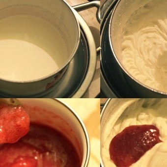 1. Этап. Кокосово-клубничное пирожное: Теперь займемся-ка сливками. Выливаем сливки в высокую кастрюльку. Ставим эту кастрюлю в кастрюлю большего размера. В бОльшую кастрюлю наливаем много ледяной воды. Таким образом, кастрюля со сливками будет плавать в кастрюле с холодной водой. Теперь при помощи миксера начинаем взбивать сливки: 1 минуту на медленной скорости, затем еще 5 минут - на средней. Охлаждаем сливки в холодильнике. Через минут 10-15, когда желатин уже достаточно набухнет, но еще не превратится в желе, подмешиваем клубничную желатиновую массу к сливкам.