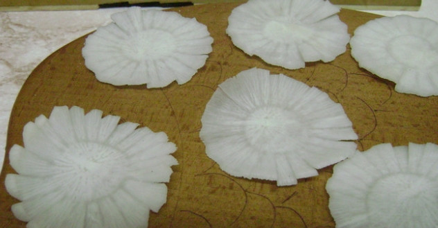 1. Этап. Салат с хреном: 2. Займитесь украшением. Порежьте тонкими кружочками морковь. Редьку нарежьте тонко и выдавите из нее стаканом кружки. Внутри наметьте крышкой бутылки место под сердцевину. Острым ножом вырежьте лепесточки ромашки. Следите, чтобы нож не заходил за внутренний круг. Сбрызните фигурку водой с небольшой добавкой уксуса, это сохранит цвет ромашки.