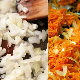 1. Этап. Лохикейто: А пока наш бульон варился, мы обжарили в растительном масле мелко нарезанный лук и натертую на мелкой терке морковь до мягкости.