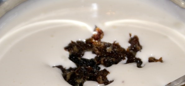 1. Этап. Рождественский торт с черносливом: 11. Маринованный в ликере чернослив разрезаю на небольшие кусочки, добавляю их ко взбитой с сахаром сметане и перемешиваю.