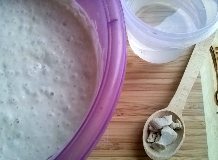 1. Этап. Багет классический: Дрожжи (5г.) разведите в воде (165г.), смешайте с опарой.