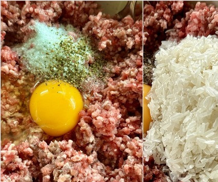 1. Этап. Тефтели ёжики в помидорах: Я взял смесь фарша говяжьего и бараньего. Примерно треть жирной баранины и две трети постной говядины. Две «с верхом» чайной ложки соли и совсем немного перца. Последний – дело вкуса. Яйцо одно разбил в фарш. Рис. Стоит хорошо промыть.