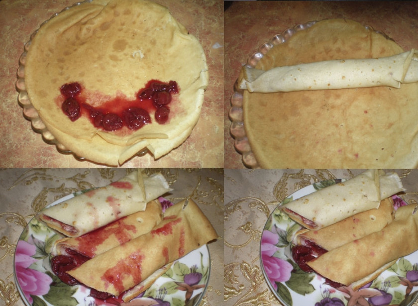1. Этап. Блины с вишней: Кладем на каждый блин вишневую начинку и сворачиваем их рулетом.