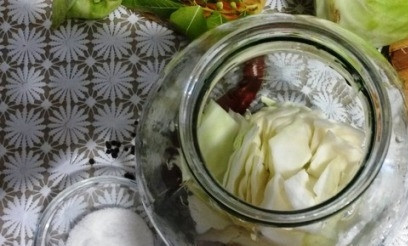 1. Этап. Квашеная капуста со свеклой: В банку слоями выкладываем: выдавленный через пресс чеснок, капусту, морковь со свеклой, лавровый лист и кусочек перца. Повторяем слои, пока банка не заполнится.