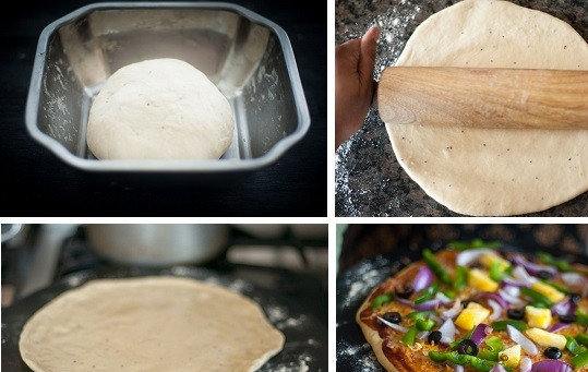 1. Этап. Пресное тесто для пиццы без дрожжей: 4. Готовое тесто нужно тщательно размять руками, а затем тонко раскатать на присыпанной мукой поверхности. Сформируйте бортики, распределите начинку — и можно выпекать пиццу.