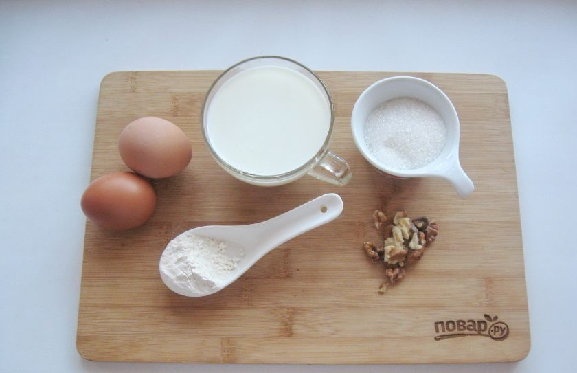 1. Этап. Заварной крем с орехами: Подготовьте ингредиенты для приготовления заварного крема.