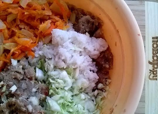 1. Этап. Голубцы ленивые в духовке: 4. В миске смешайте фарш, рис, жареные лук и морковь, нарезанную капусту, яйца, соль и перец. Перемешайте до получения однородной массы.