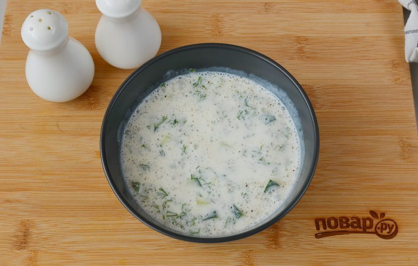 1. Этап. Кефирный суп для похудения: Перемешайте, суп готов. Подавайте свежеприготовленным.