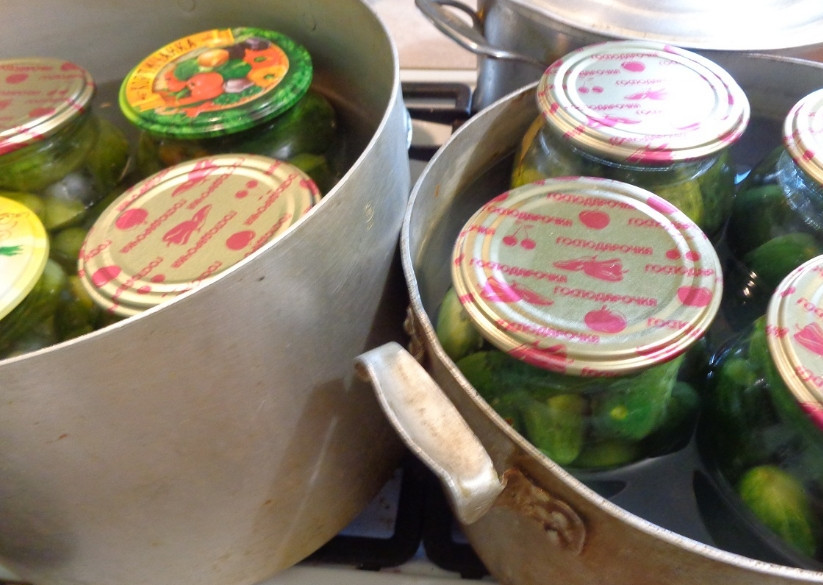 1. Этап. Быстрая закатка огурцов: 3. Вот фото процесса стерилизования банок. Затем их надо закатать крышками на зиму. Держим в перевернутом состоянии, укутав в одеяло, до полного остывания, а потом храним, как и все заготовки, в тёмном прохладном месте.