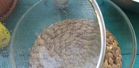 1. Этап. Домашний сыр Маскарпоне: Сделайте гнёт. В миску поставьте мелкое сито. Укройте его несколькими слоями марли или хлопчатобумажной тканью.