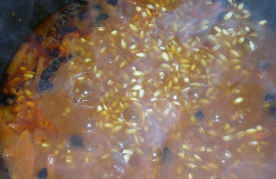 1. Этап. Плов из перловки с мясом: Обжаренную перловку выкладываем в казан, равномерно распределяем и заливаем кипятком, он должен подниматься нам крупой на 2 сантиметра. Когда жидкость закипит, делаем самый маленький огонь, прикрываем казан крышкой и готовим плов минут 40-45. Когда крупа разварится, а жидкость полностью испарится, снимаем плов с огня и перемешиваем его. Раскладываем по тарелочкам готовое блюдо и подаем к столу. Приятного аппетита!