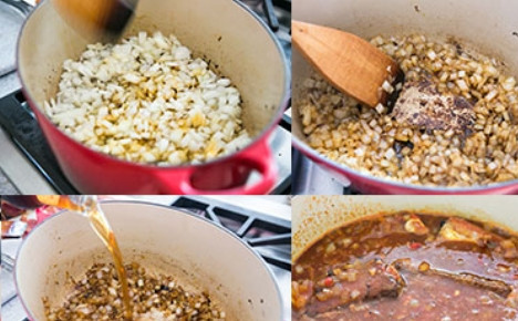 1. Этап. Ребрышки с картофелем и пивом в казане: Обжаренные ребра переложите в отдельную емкость, а в казане обжарьте лук до полупрозрачности в течение 4 минут, после чего к луку добавьте чеснок. Спустя минуту добавьте пиво, порезанный обжаренный бекон и томаты. Увеличьте тепло до высокого и доведите смесь до кипения. Когда соус закипит, отправляйте в него ребрышки, накройте казан крышкой и поставьте в разогретую до 150 градусов духовку на два часа.