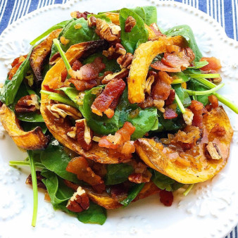 Crispy Butternut Squash Spinach Salad with Bacon-Shallot Vinaigrette